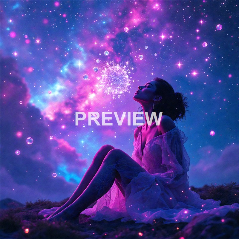 A woman in a flowing dress is sitting outdoors at night with her head tilted back, surrounded by a vibrant, star-filled sky with nebula-like clouds and glowing orbs, as she appears to be gazing at a luminous, spark-like object floating above her.
